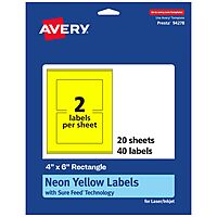 Avery Printable Rectangle Labels, Sure Feed Technology, 4 x 6, Neon Yellow, Print-to-The-Edge, Laser/Inkjet Printable