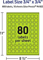 Avery Printable Square Labels, Sure Feed Technology, 3/4" x 3/4", Bright Green Labels, Print-to-The-Edge, Laser/Inkjet, 800 Total, Great for Stickers and Mailing Seals 800 labels