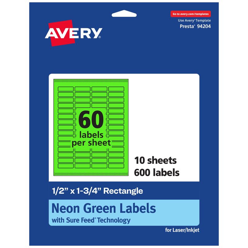 Avery Printable Rectangle Labels, Sure Feed Technology, 1/2" x 1-3/4", Neon Green, 600 labels