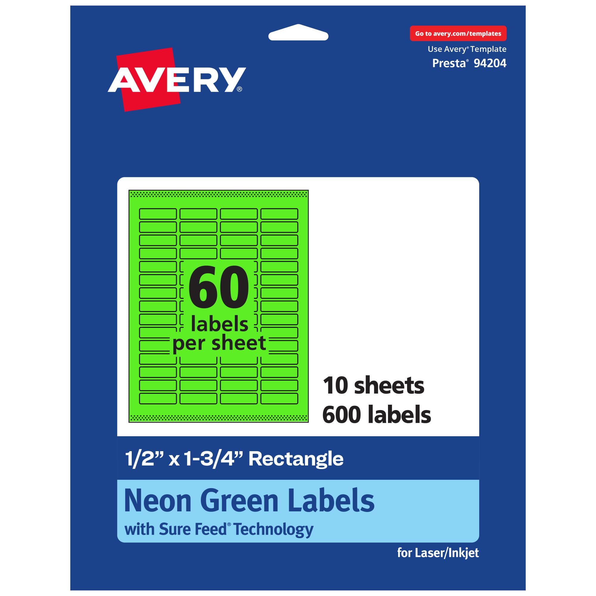Avery Printable Rectangle Labels, Sure Feed Technology, 1/2" x 1-3/4", Neon Green, 600 labels