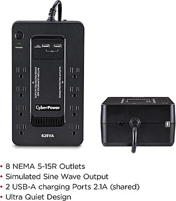 CyberPower ST625U Standby UPS System, 625VA/360W, 8 Outlets, 2 USB Charging Ports, Compact, Black