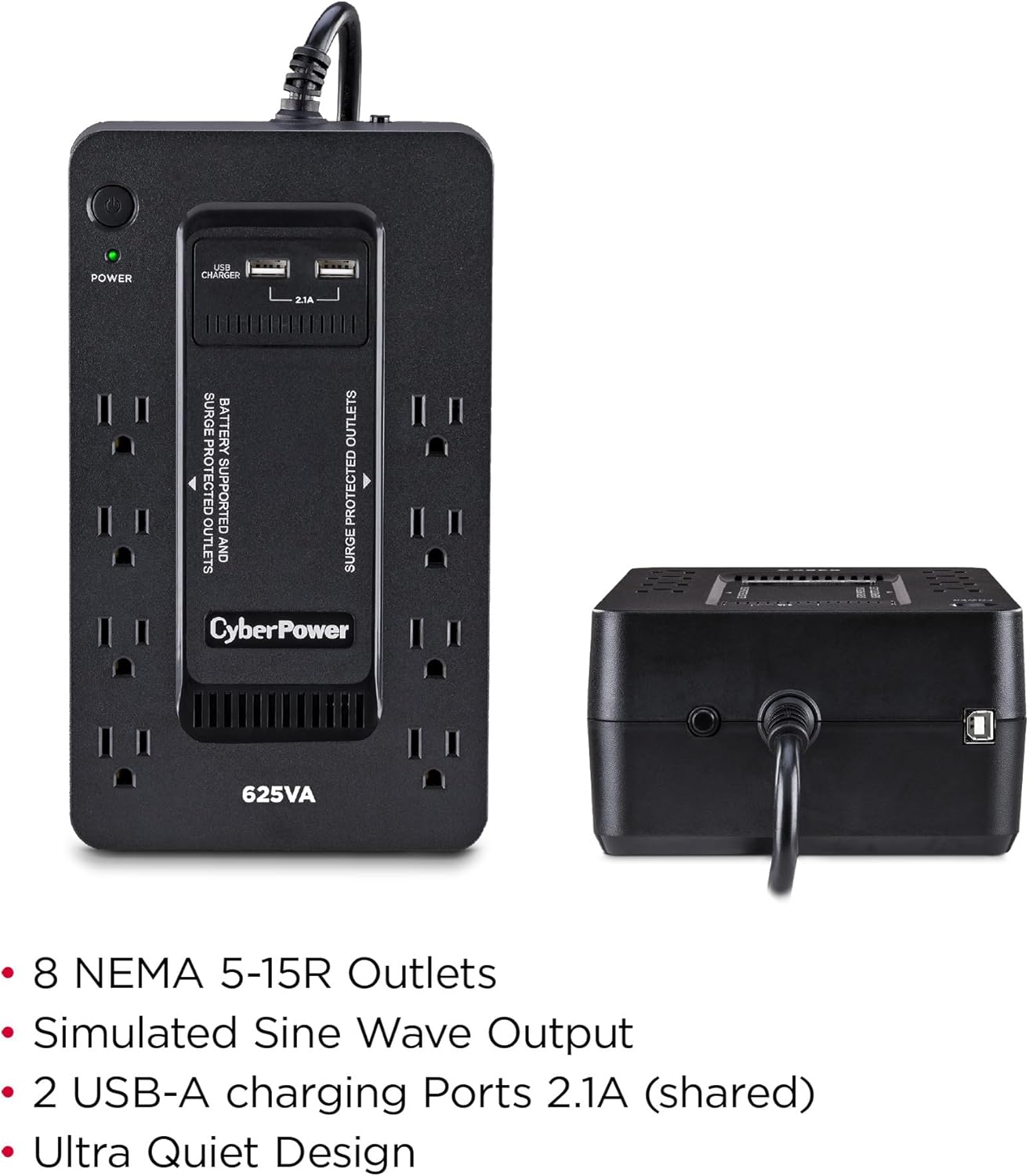 CyberPower ST625U Standby UPS System, 625VA/360W, 8 Outlets, 2 USB Charging Ports, Compact, Black