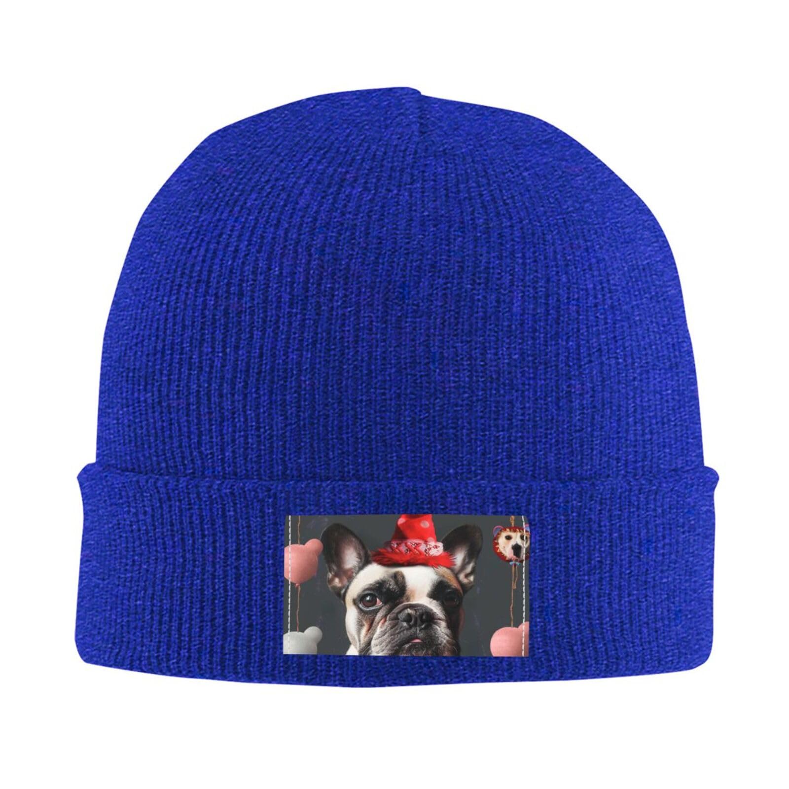 French Bulldog Printed Beanie for Men Women Warm Winter Skull Knit Hats Cuffed Cap,Black Blue One Size