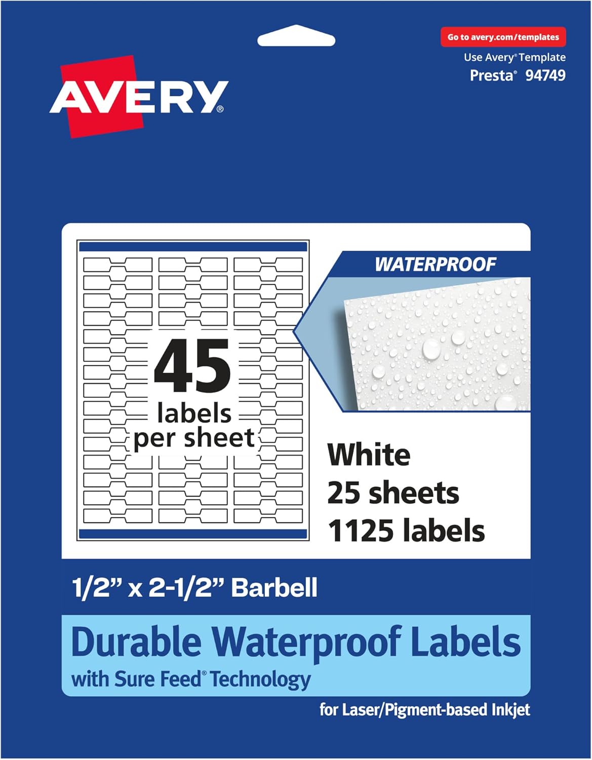 Avery Durable Waterproof Barbell Labels, Sure Feed Technology, 0.5" x 2.5"