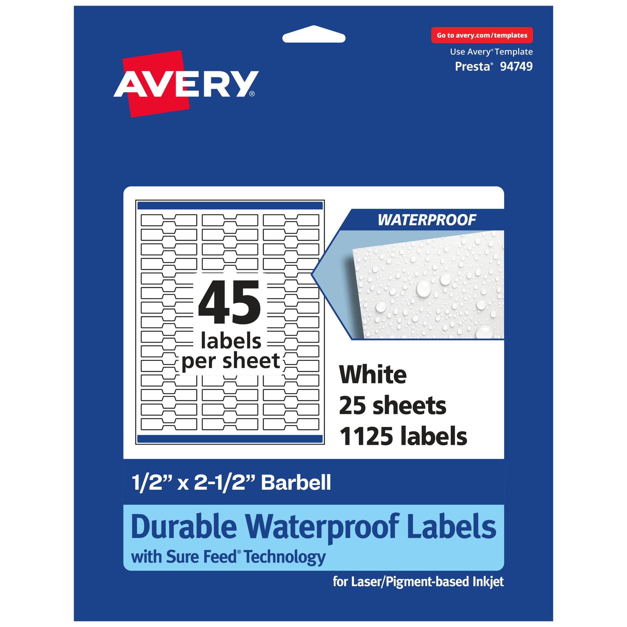 Avery Durable Waterproof Barbell Labels, Sure Feed Technology, 0.5" x 2.5"