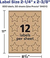 Avery Kraft Brown Star Labels, Sure Feed Technology, 2-1/4" x 2-3/8", Print-to-The-Edge, Laser/Inkjet Printable