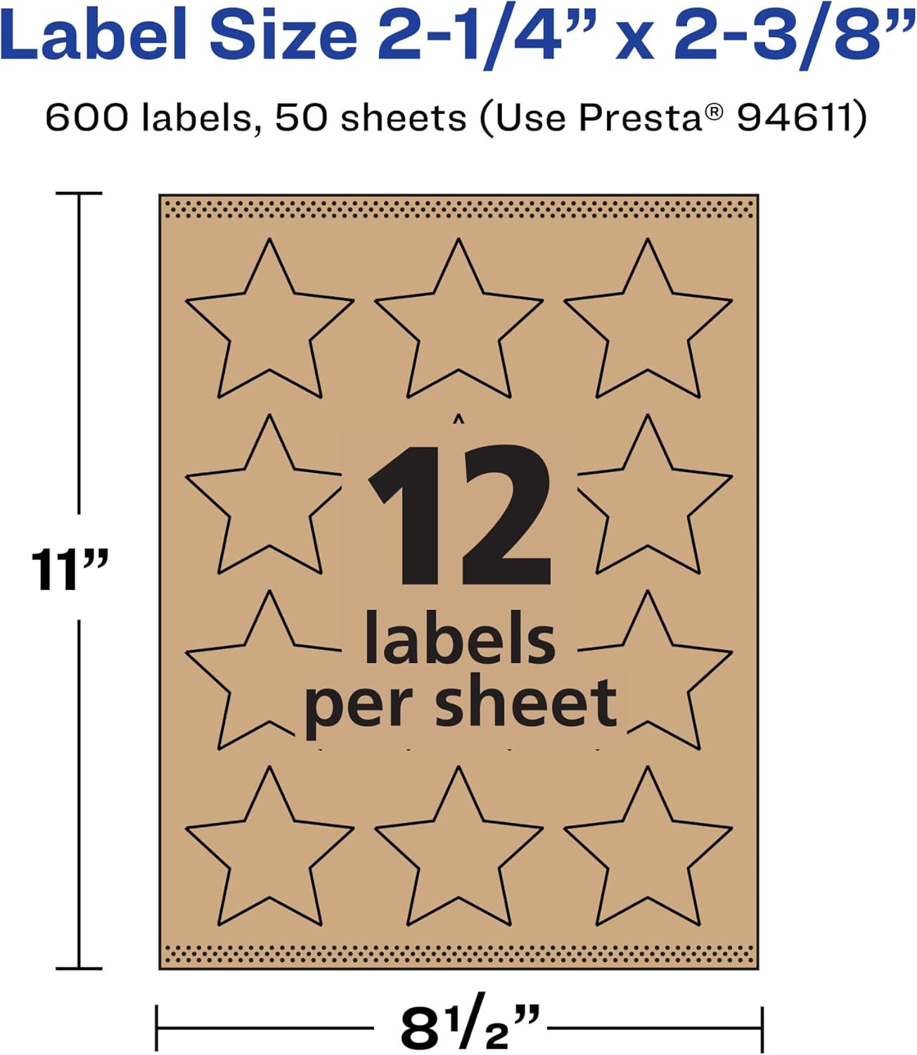 Avery Kraft Brown Star Labels, Sure Feed Technology, 2-1/4" x 2-3/8", Print-to-The-Edge, Laser/Inkjet Printable