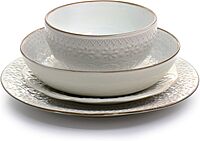 Elama Countess 16 Piece Embossed Double Bowl Stoneware Dinnerware Set in Ivory