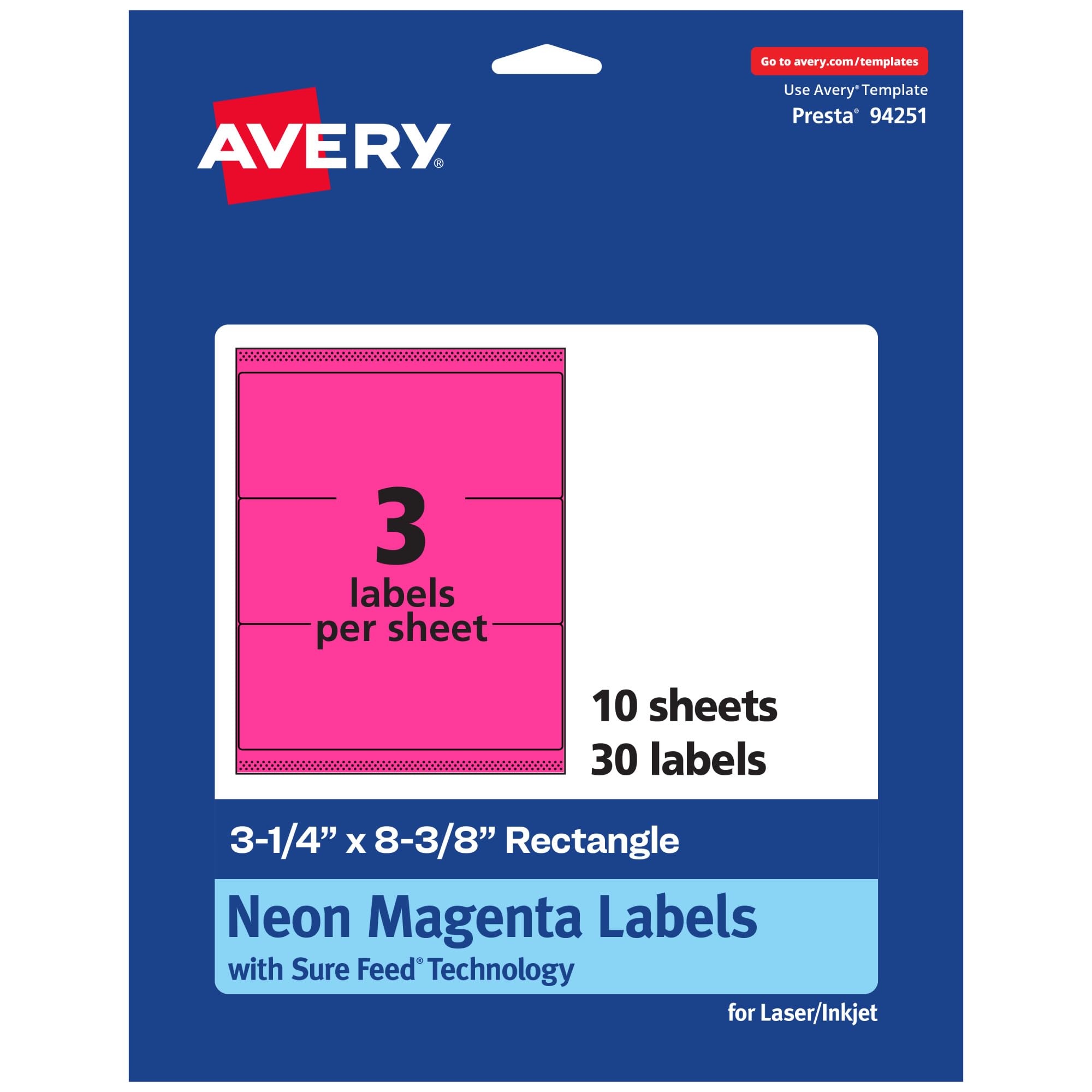 Avery Printable Rectangle Labels, Sure Feed Technology, 3-1/4" x 8-3/8", Neon Magenta Labels, Laser/Inkjet Printable