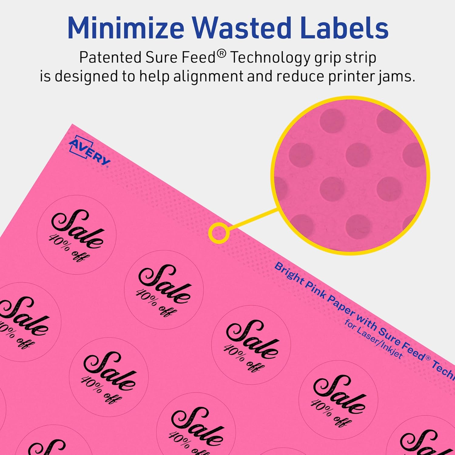 Avery Printable Round Labels, Sure Feed Technology, 1-1/4 in. Diameter, Bright Pink, Print-to-The-Edge, Laser/Inkjet