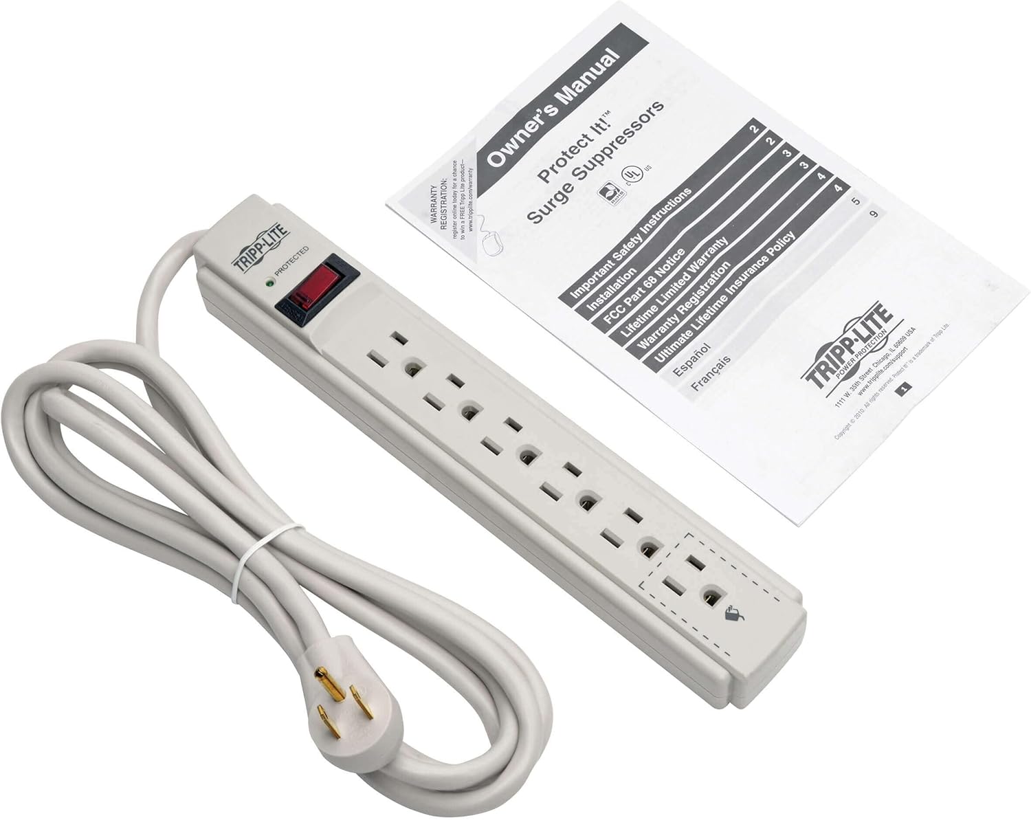 Tripp Lite Surge Protector Power Strip 120V 6 Outlet 8' Cord 990 Joule Flat Plug Gray