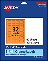 Avery Printable Rectangle Labels, Sure Feed Technology, 1 x 1-1/2, Bright Orange, Print-to-The-Edge, Laser/Inkjet