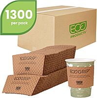 ECO PRODUCTS Recycled Coffee Cup Sleeves, Case Of 1300, Fits 10-20oz Hot Cups, Compostable, 100% Recycled Content With Up To 85% Post-Consumer Waste