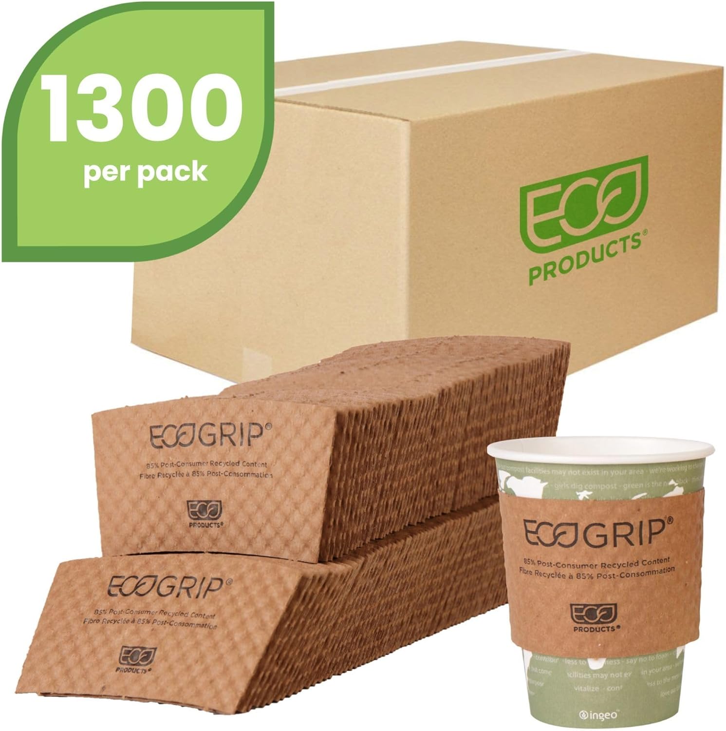 ECO PRODUCTS Recycled Coffee Cup Sleeves, Case Of 1300, Fits 10-20oz Hot Cups, Compostable