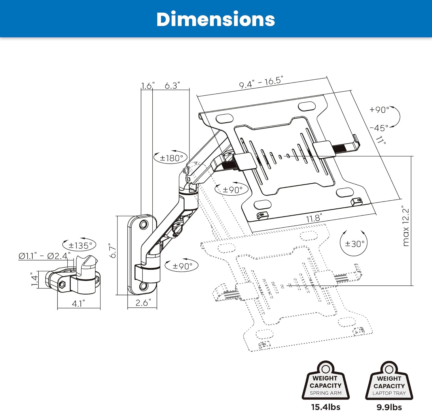 Mount-It! Counterbalance Steel Monitor and Laptop Arm for Wall and Pole Mounting
