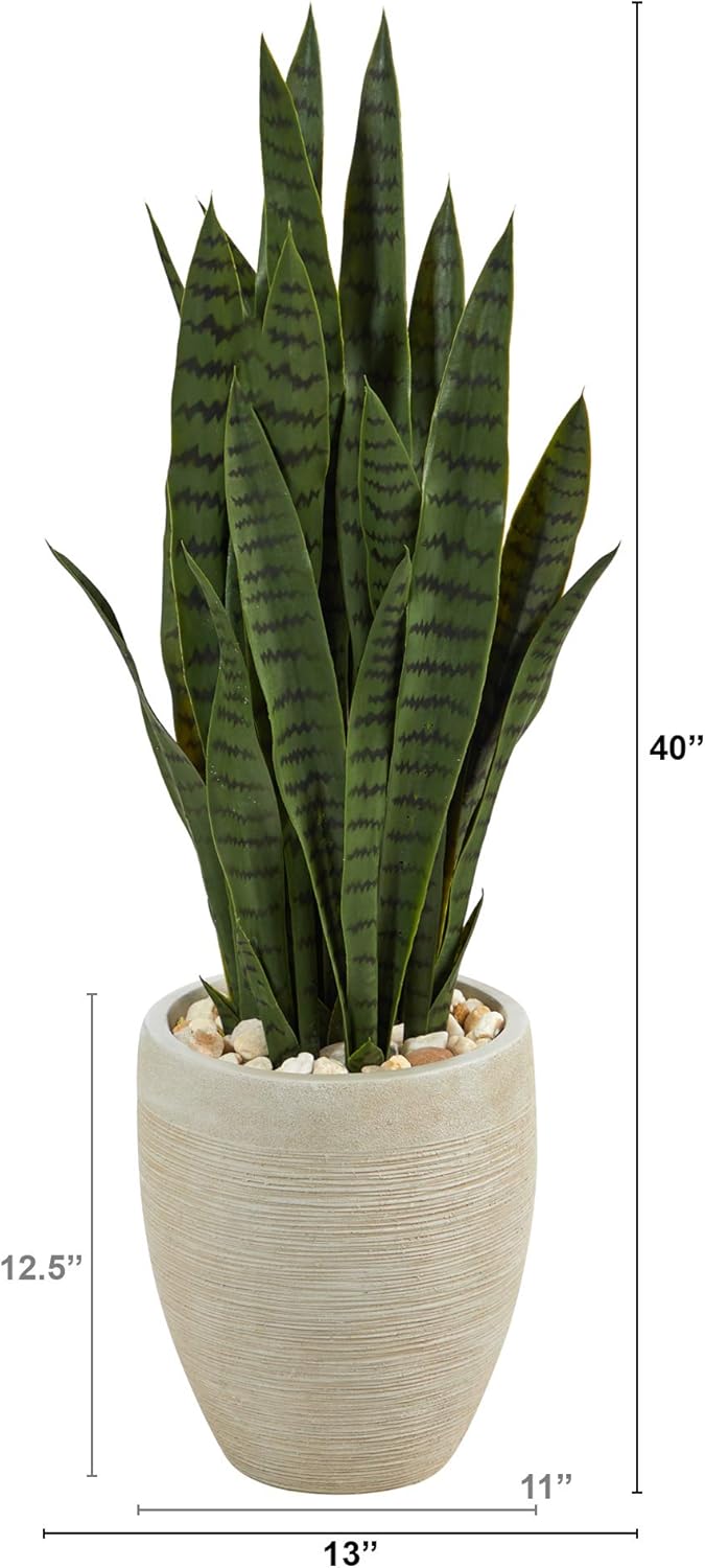 Nearly Natural 40-in Artificial Tall Snake Plant Sansevieria, Faux Snake Plant for Indoor Home Decor in Sand Colored Planter
