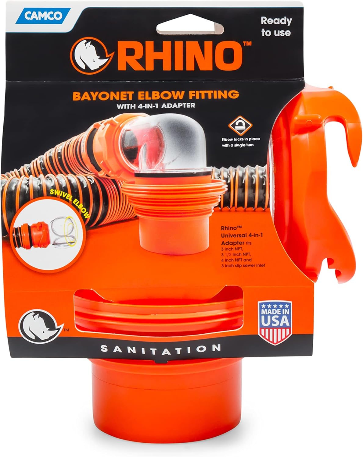 Camco 39736, RhinoFlex Clear RV Sewer Hose Elbow with 4-in-1 Adapter | Features a 360-Degree Fitting Rotation and Built-in