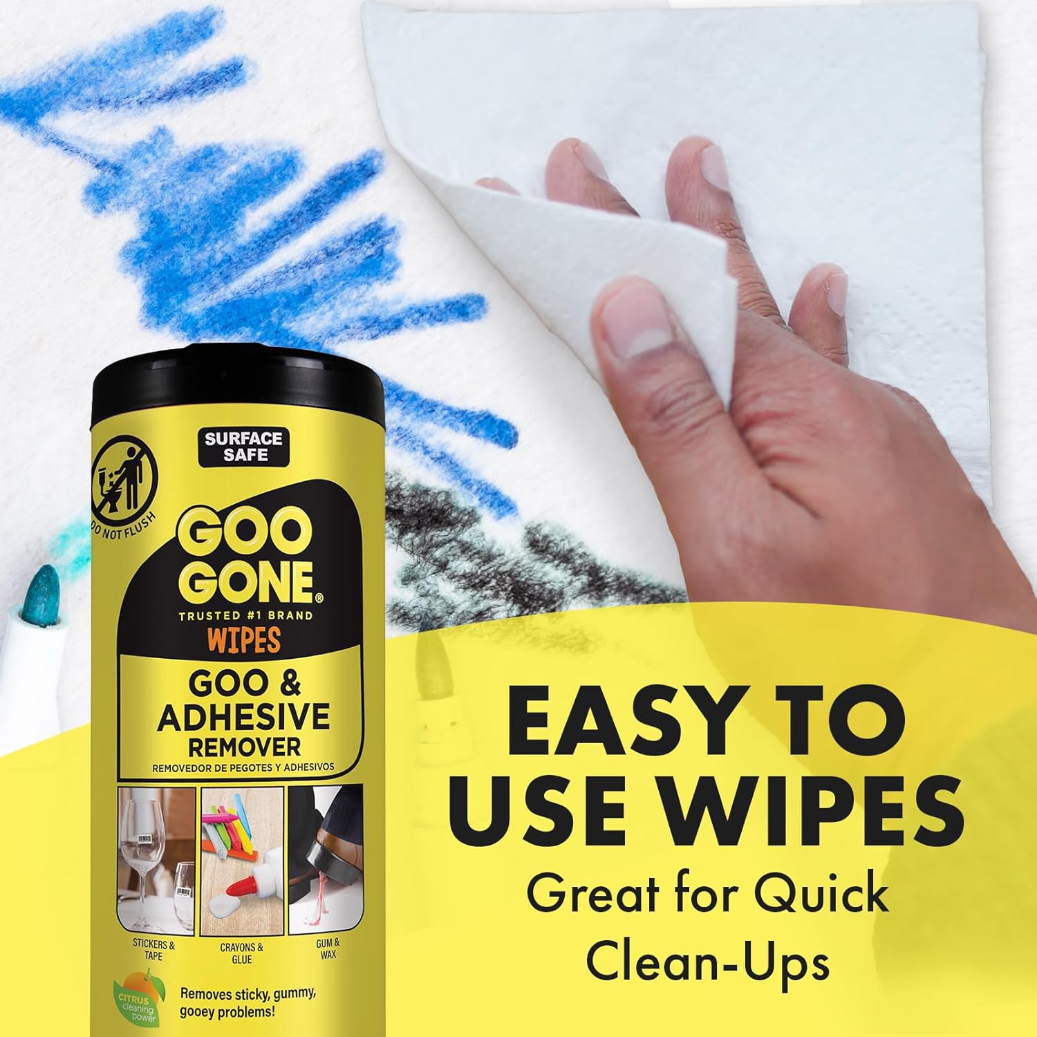 Goo Gone Clean Up Wipes Adhesive Remover - 24 Count - Removes Adhesive Residue Labels Stickers Crayon Tree Sap Gum Masking