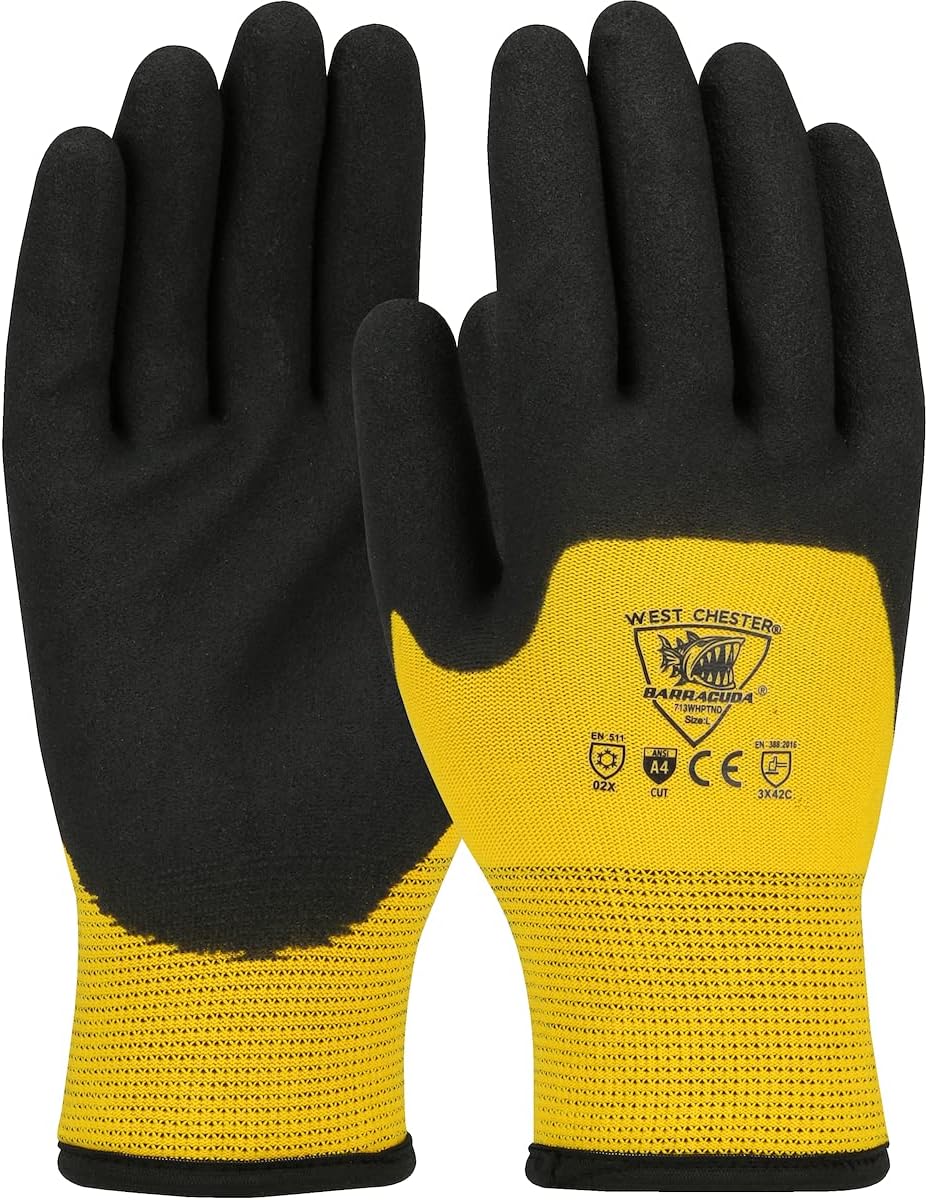 West Chester 713WHPTND Yellow 13-Gauge Nylon Liner Cut-Resistant Gloves with 7-Gauge Brushed Acrylic & 3/4 HPT PVC-Coated