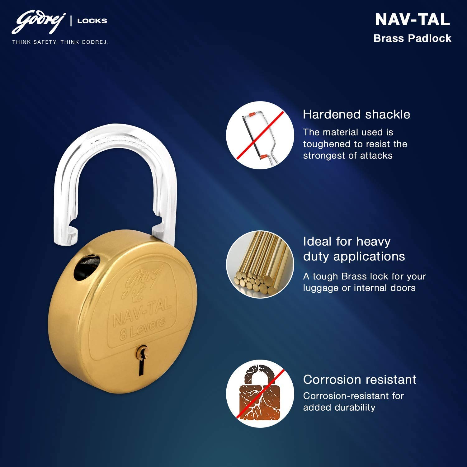 Godrej Nav-Tal 8 Lever Hardened (3 keys) / Brass / 3282