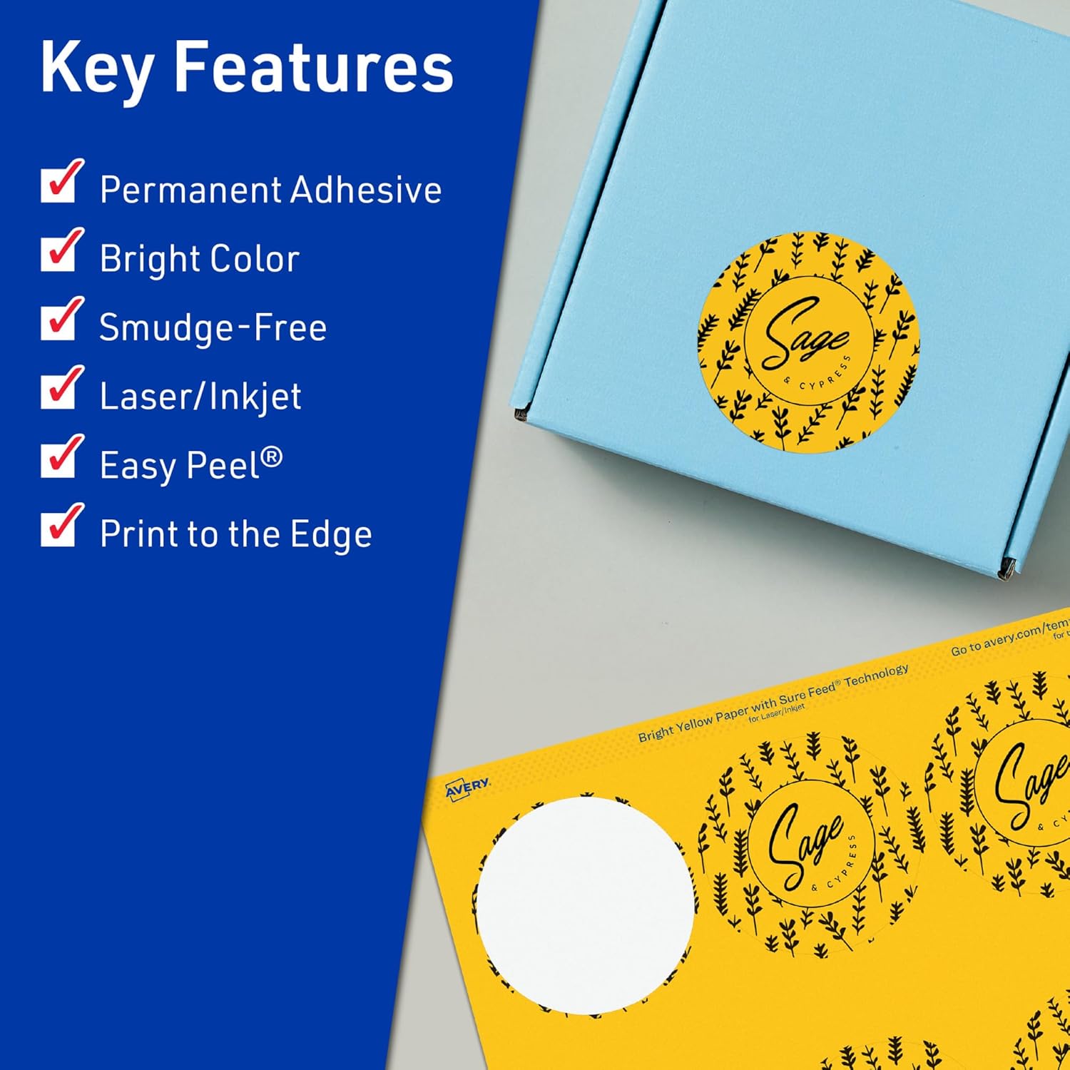 Avery Printable Round Labels, Sure Feed Technology, 2-3/4" Diameter, Bright Yellow Labels, Print-to-The-Edge