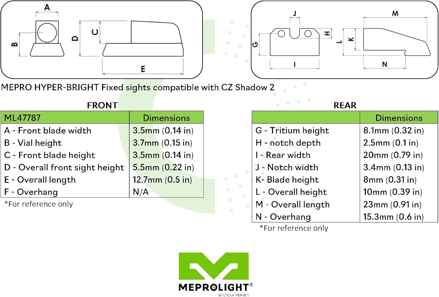 MEPROLIGHT Hyper-Bright Tritium Day/Night Pistol Sight Set