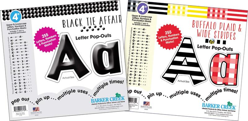 Barker Creek Letter Pop-Out Set of 2, 4" Stripes & Solids, Mixed-Design, 255 Upper and Lowercase Letters, Numbers & Punctuation Marks in Each of 2 Designs, 510 Characters Total (4141)