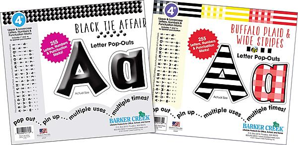 Barker Creek Letter Pop-Out Set of 2, 4" Stripes & Solids, Mixed-Design, 255 Upper and Lowercase Letters, Numbers & Punctuation Marks in Each of 2 Designs, 510 Characters Total (4141)