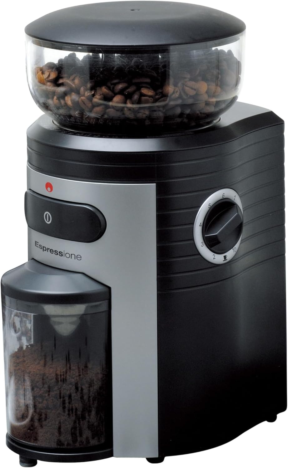 Espressione Professional Conical Burr Coffee Grinder, 8.5-Oz Hopper, 15-Level, Black/Silver