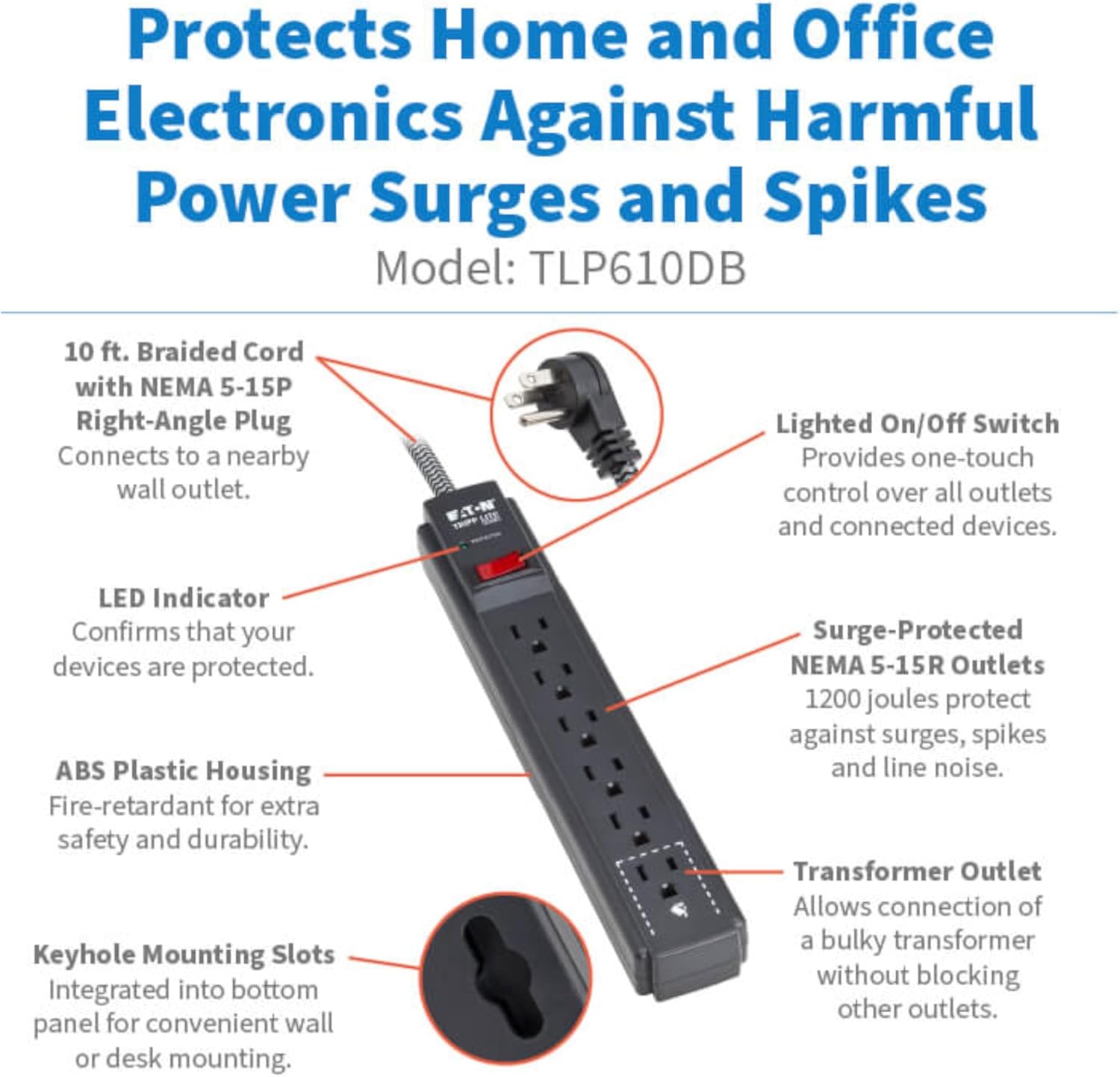 Eaton Tripp Lite Series 6-Outlet Surge Protector Power Strip, Flat Plug 10ft Braided Extension Cord, 1200 Joules