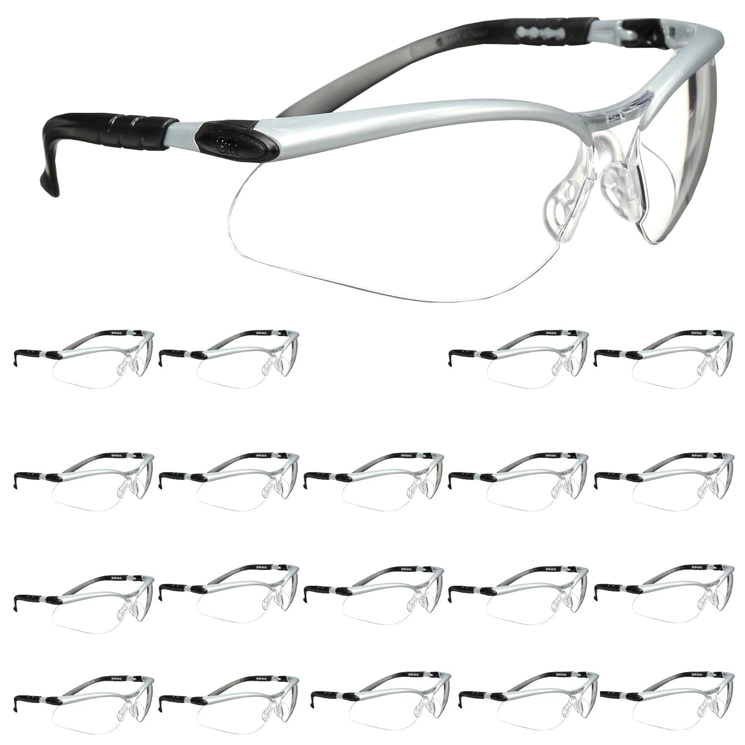 3M BX Safety Glasses, 20 Pair, ANSI Z87, Anti-Fog Anti-Scratch Clear Lens, Silver/Black Frame