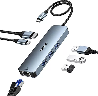 Hub USB Type C 6 En 1 Avec HDMI (4K @ 60 Hz), Gigabit Ethernet, Alimentation 100 W, 3 Ports USB 3.0, Câble en silicone