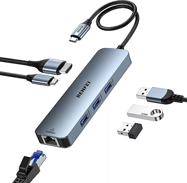 Hub USB Type C 6 En 1 Avec HDMI (4K @ 60 Hz), Gigabit Ethernet, Alimentation 100 W, 3 Ports USB 3.0, Câble en silicone