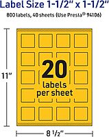 Avery Printable Square Labels, Sure Feed Technology, 1-1/2" x 1-1/2", Bright Yellow, Print-to-The-Edge, Laser/Inkjet Compatible