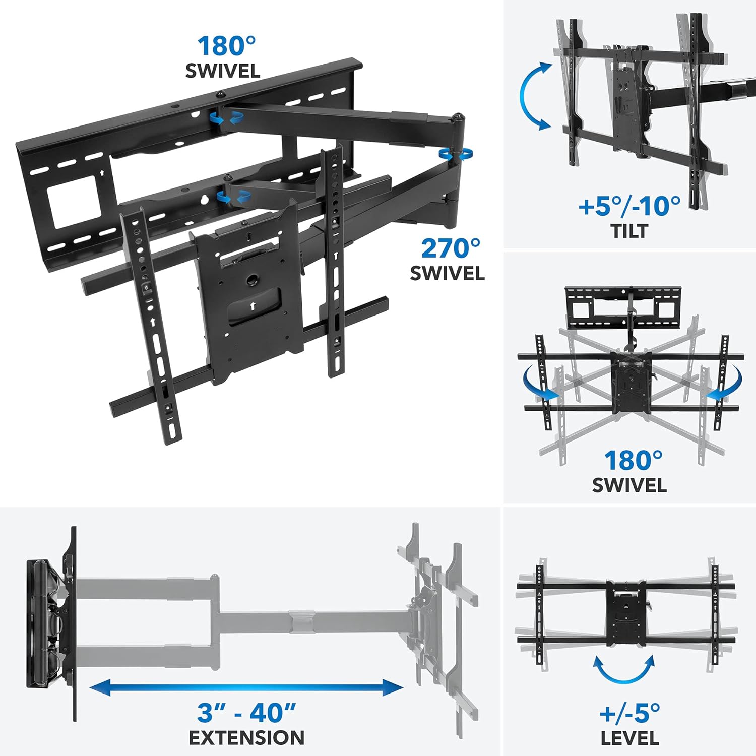 Mount-It! Long Arm TV Mount, Full Motion Wall Bracket with 40 inch Extension Articulating Arm, Fits Screen Sizes 42, 47, 50