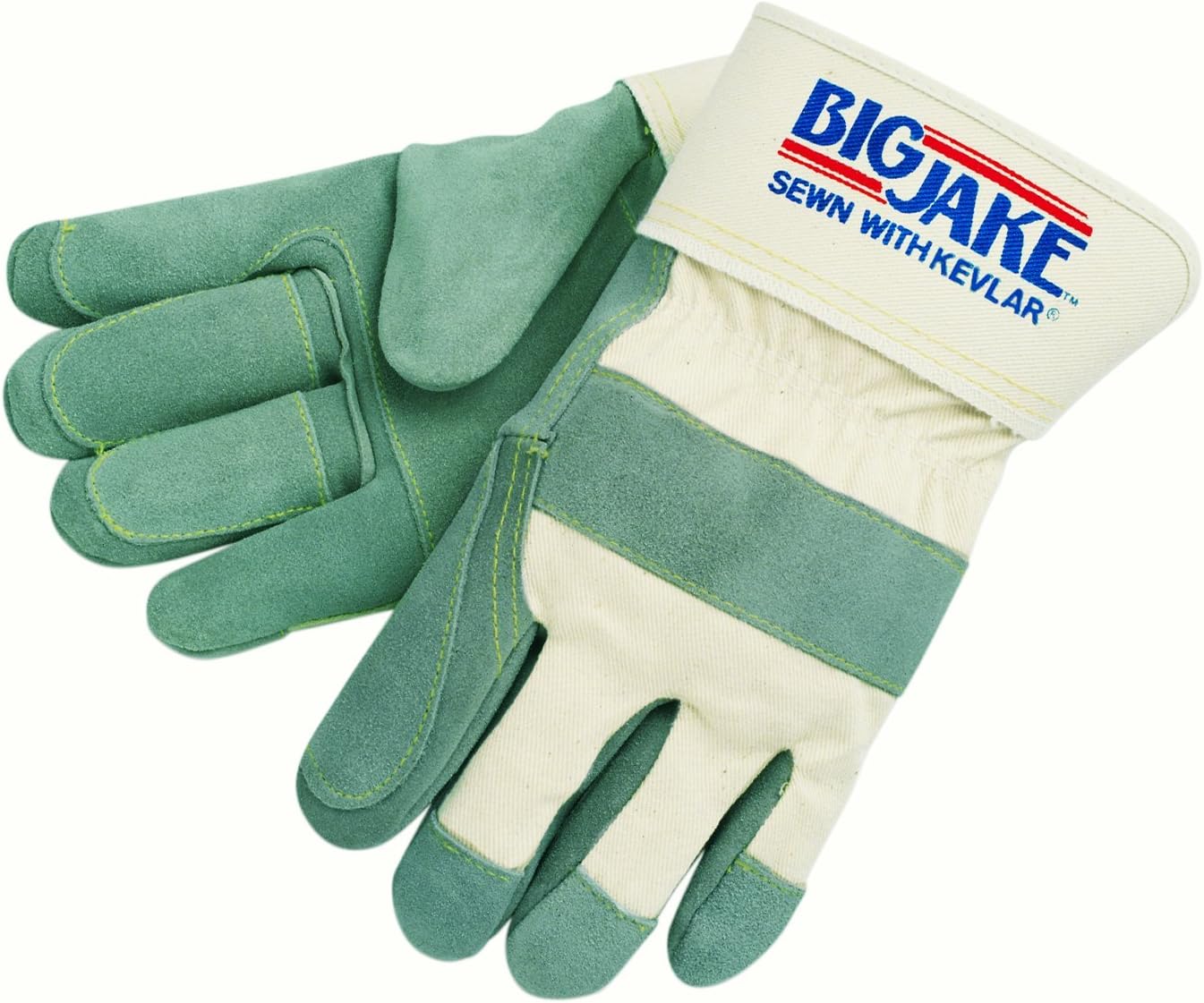 MCR Safety 1715 Big Jake Double Cow Leather Gunn Pattern Gloves with 2-3/4-Inch Safety Cuffs, Natural Pearl/Yellow, XL