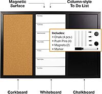 Excello Global Products Wall Board Combo Whiteboard Corkboard & Chalkboard: Magnetic Large Weekly Daily Planner Note Reminder Wall Mounted Task Organizer 23.5"x15"