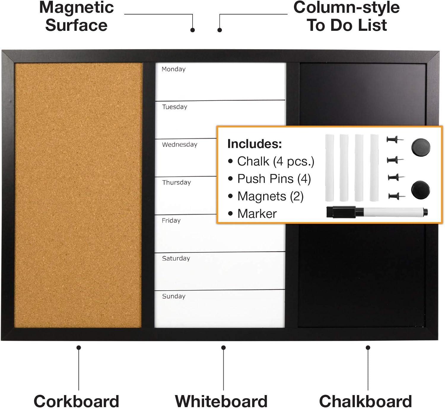 Excello Global Products Wall Board Combo Whiteboard Corkboard & Chalkboard: Magnetic Large Weekly Daily Planner Note