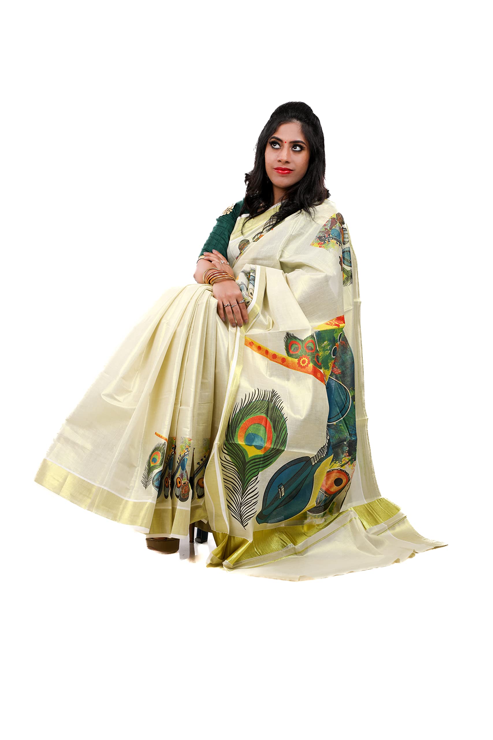 Womens Kuthampully Kerala Kasavu Saree Tissue Mural Painted|Traditional South Indian Saree|Onam Saree - Multi Color Ktm-644