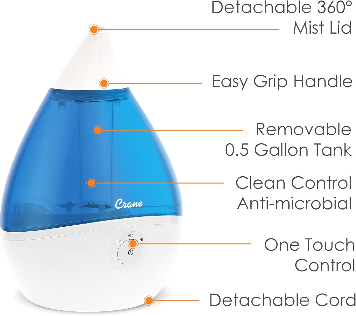 CRANE Droplet/Teardrop Ultrasonic Cool Mist Humidifier, 0.5 Gallon