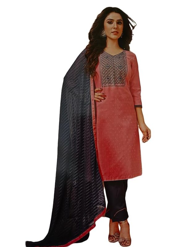 Unstitched Embroidery Salwar Suit Set with Dupatta, Onion Pink and Grey