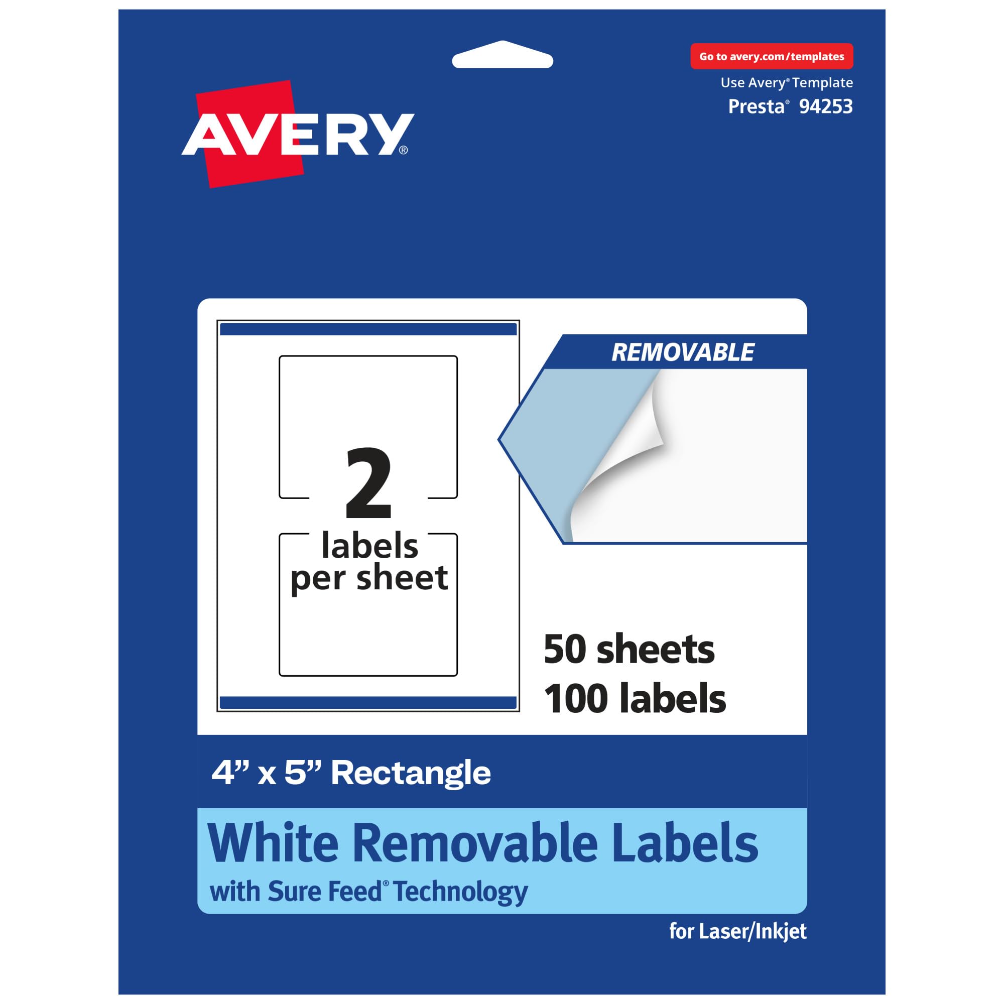 AVERY Matte White Removable Rectangle Labels, Sure Feed Technology, Print-to-The-Edge, 4" x 5", Laser/Inkjet Printable