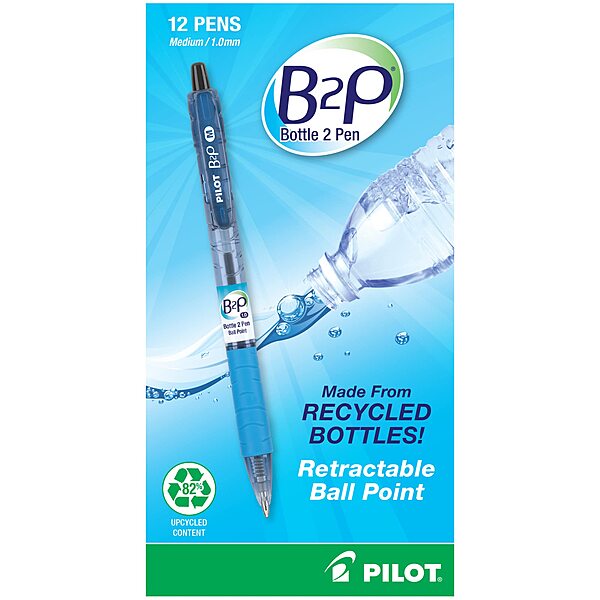 Pilot® B2P "Bottle To Pen" Retractable Ballpoint Pens, Medium Point, 1.0 mm, 86% Recycled, Translucent Blue Barrels, Black Ink, Pack Of 12