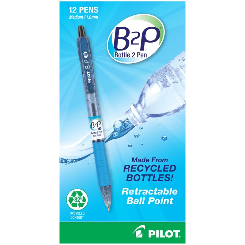 Pilot® B2P "Bottle To Pen" Retractable Ballpoint Pens, Medium Point, 1.0 mm, 86% Recycled, Translucent Blue Barrels, Black Ink, Pack Of 12