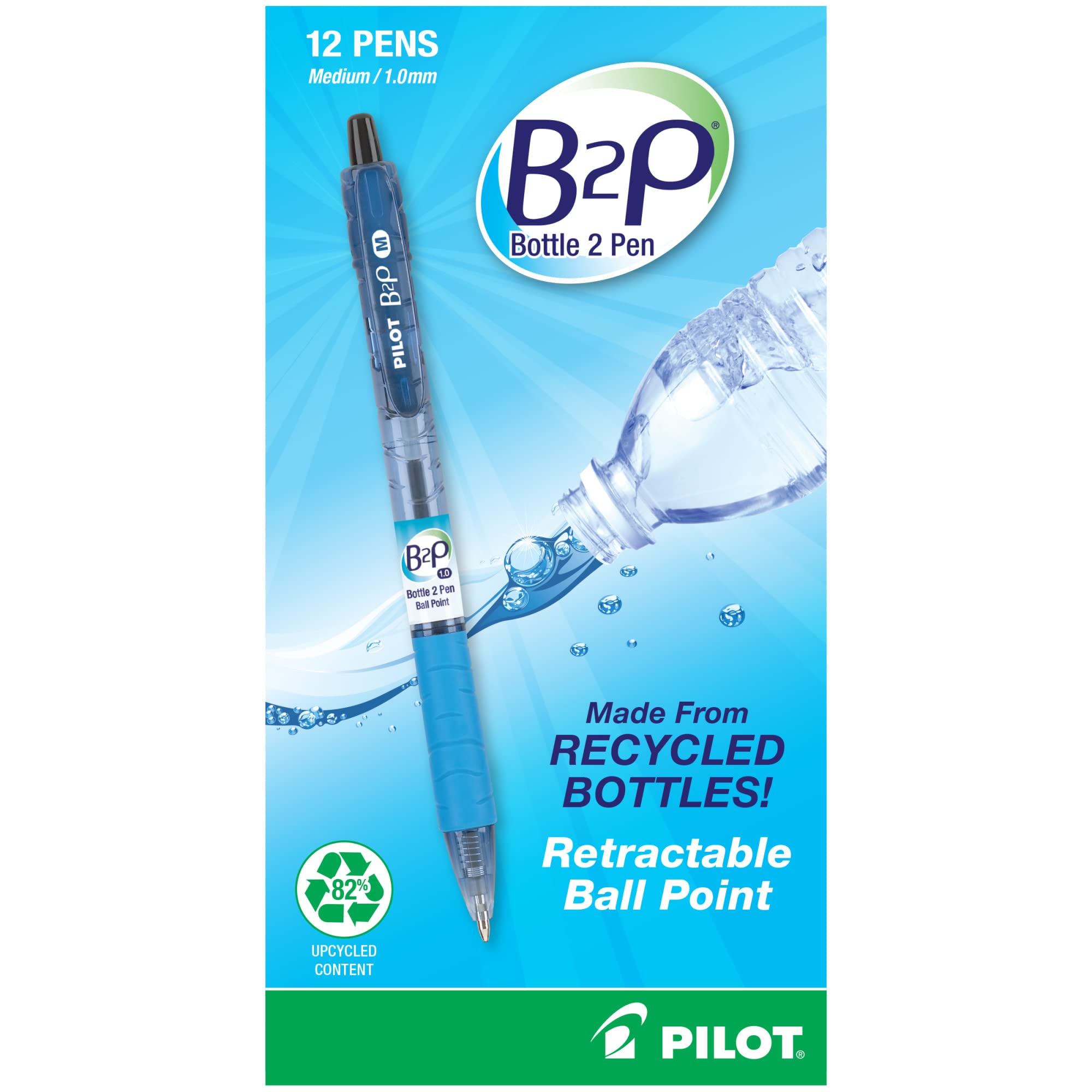 Pilot® B2P "Bottle To Pen" Retractable Ballpoint Pens, Medium Point, 1.0 mm, 86% Recycled, Translucent Blue Barrels