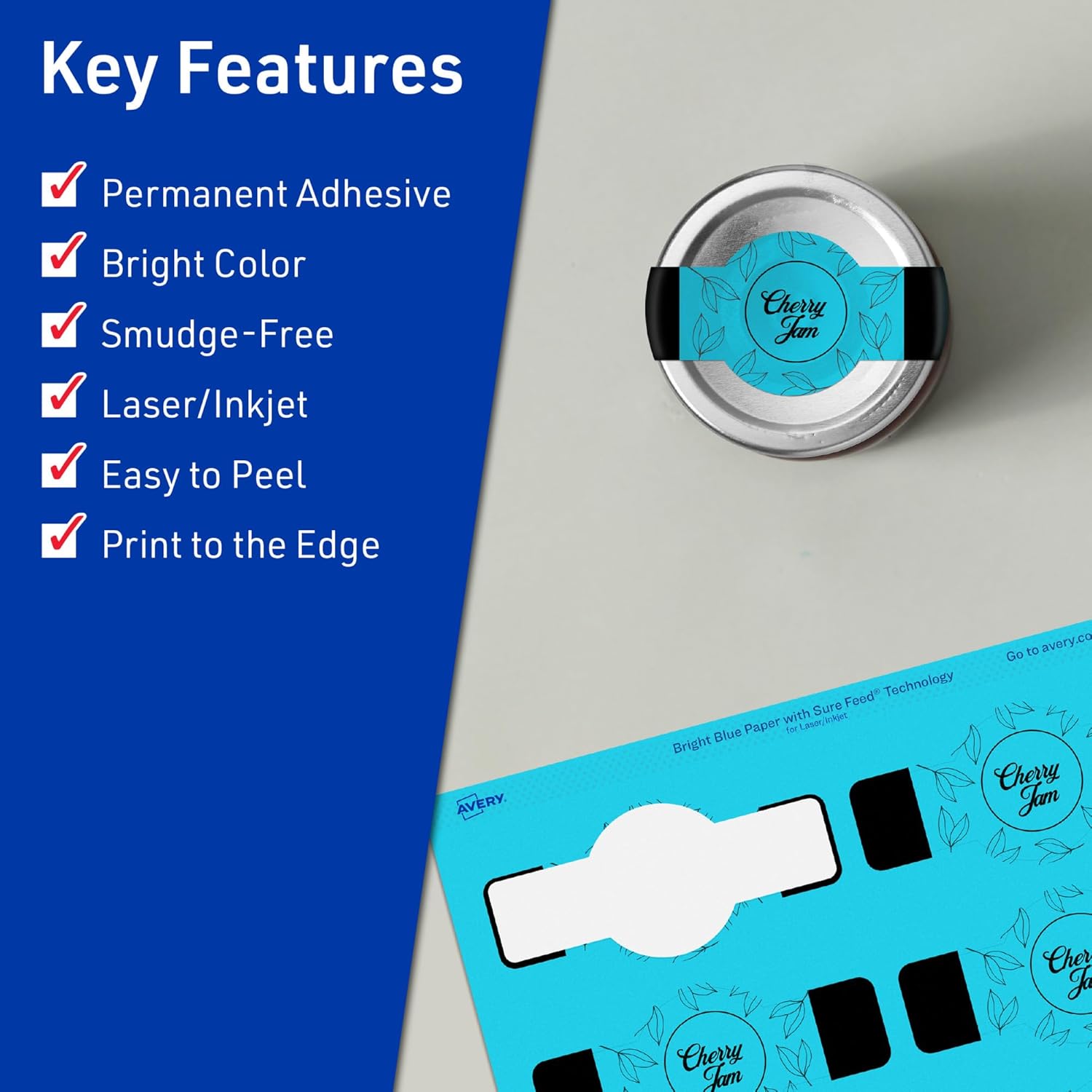 Avery Printable Wraparound Band Labels, Sure Feed Technology, 1.5" x 3.5", Bright Blue, Cigar Band Labels, Print-to-The-Edge