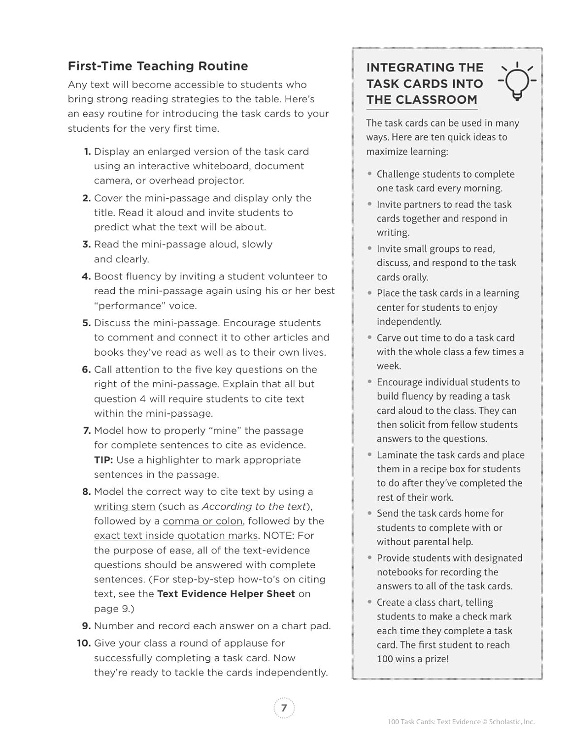 100 Task Cards: Text Evidence: Reproducible Mini-Passages With Key Questions to Boost Reading Comprehension Skills