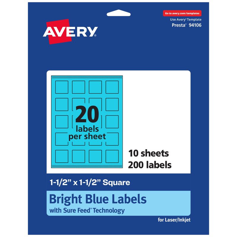 Avery Printable Square Labels, Sure Feed Technology, 1-1/2" x 1-1/2", Bright Blue, Print-to-The-Edge, Laser/Inkjet Printable