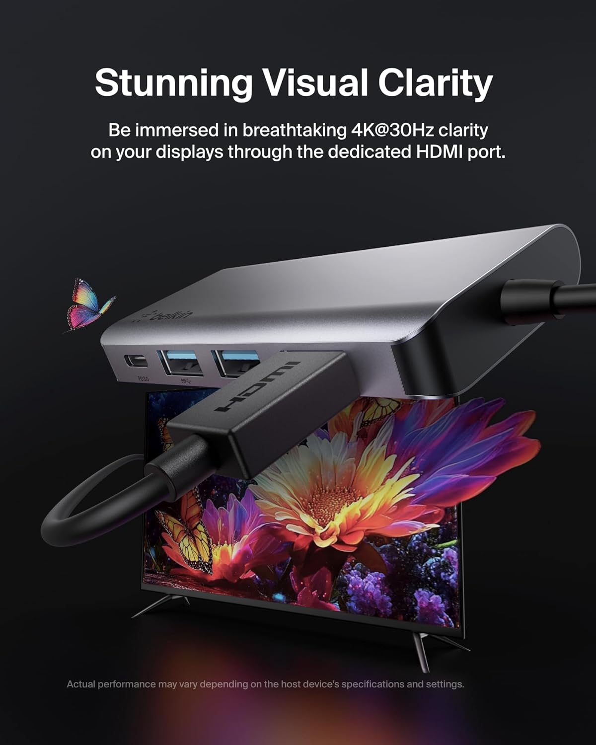 Belkin USB C Hub, 4-in-1 Multi-Port Laptop Dock with 4K HDMI, USB C Docking Station with 100 Watt Pass-Through Power