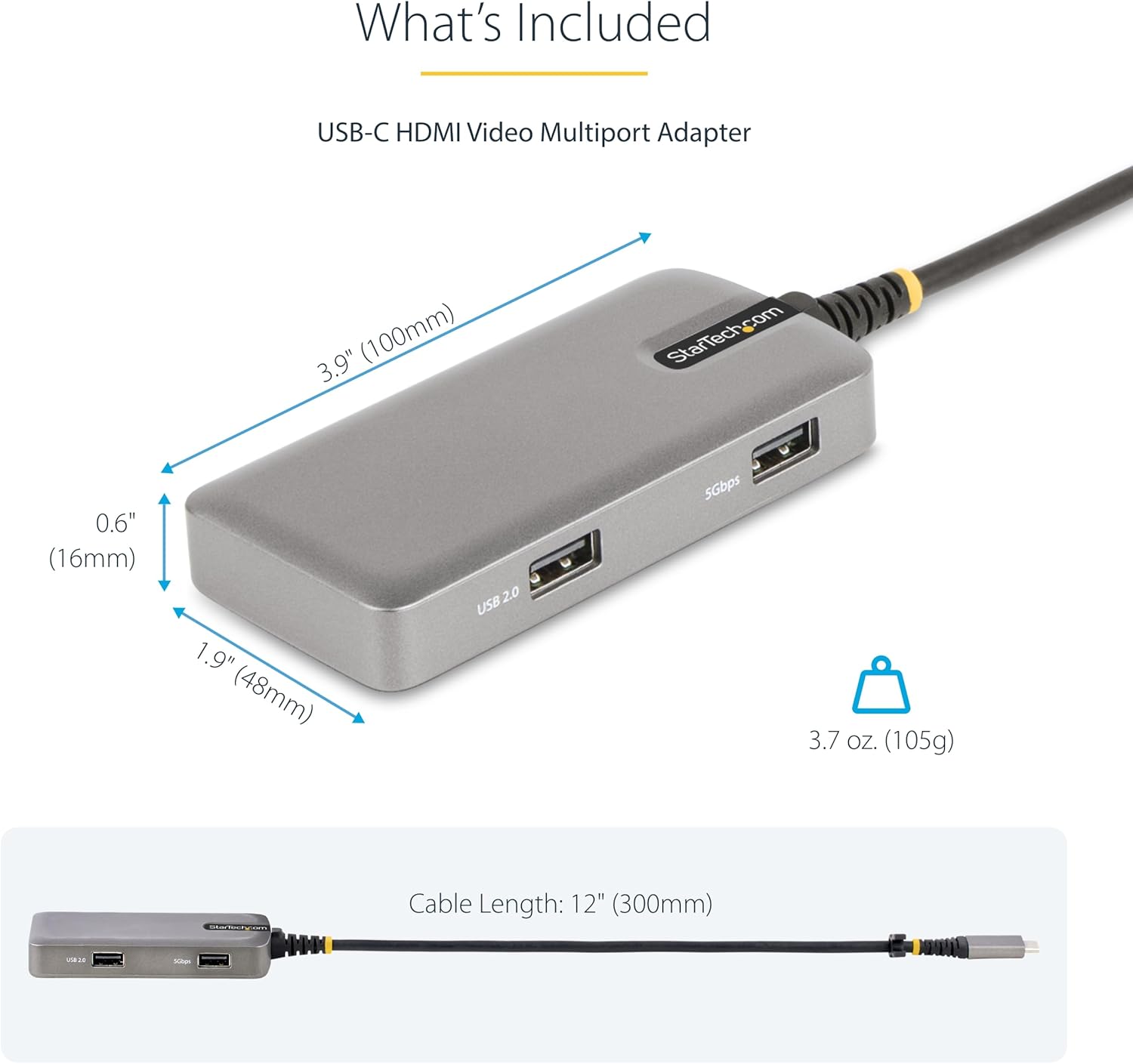 StarTech.com USB-C Multiport Adapter, 4K 60Hz HDMI withHDR, 3-Port USB Hub, 100W Power Delivery Pass-Through